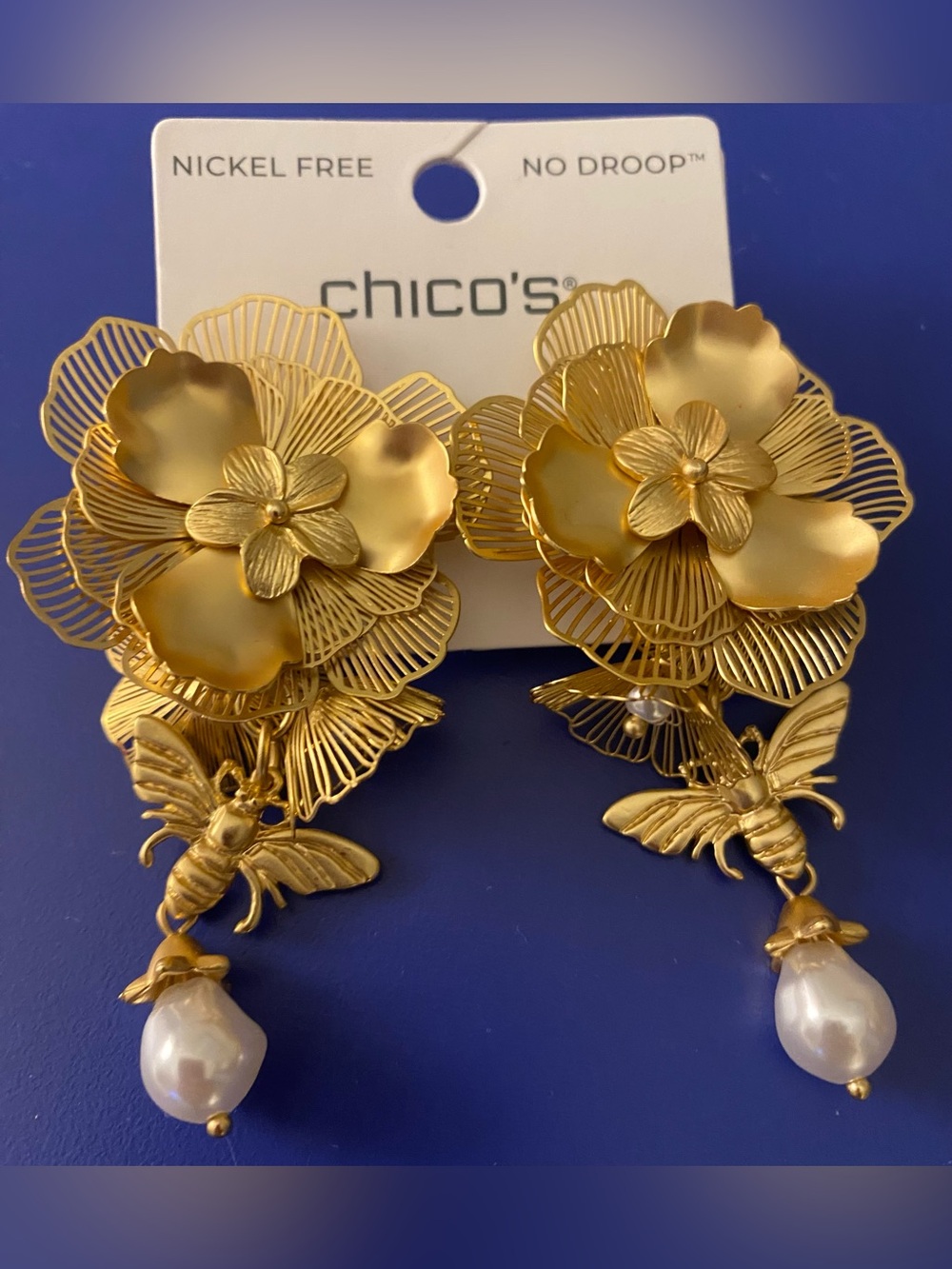 Chico's Gold Floral Bee Drop Earrings with Pearl Dangles MSRP $55 - Picture 2 of 2